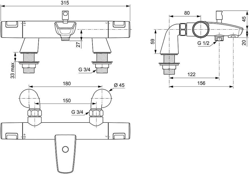 Standard Ceratherm T25 Exposed Thermostatic Rim Mounted Bath Shower Mixer, Chrome