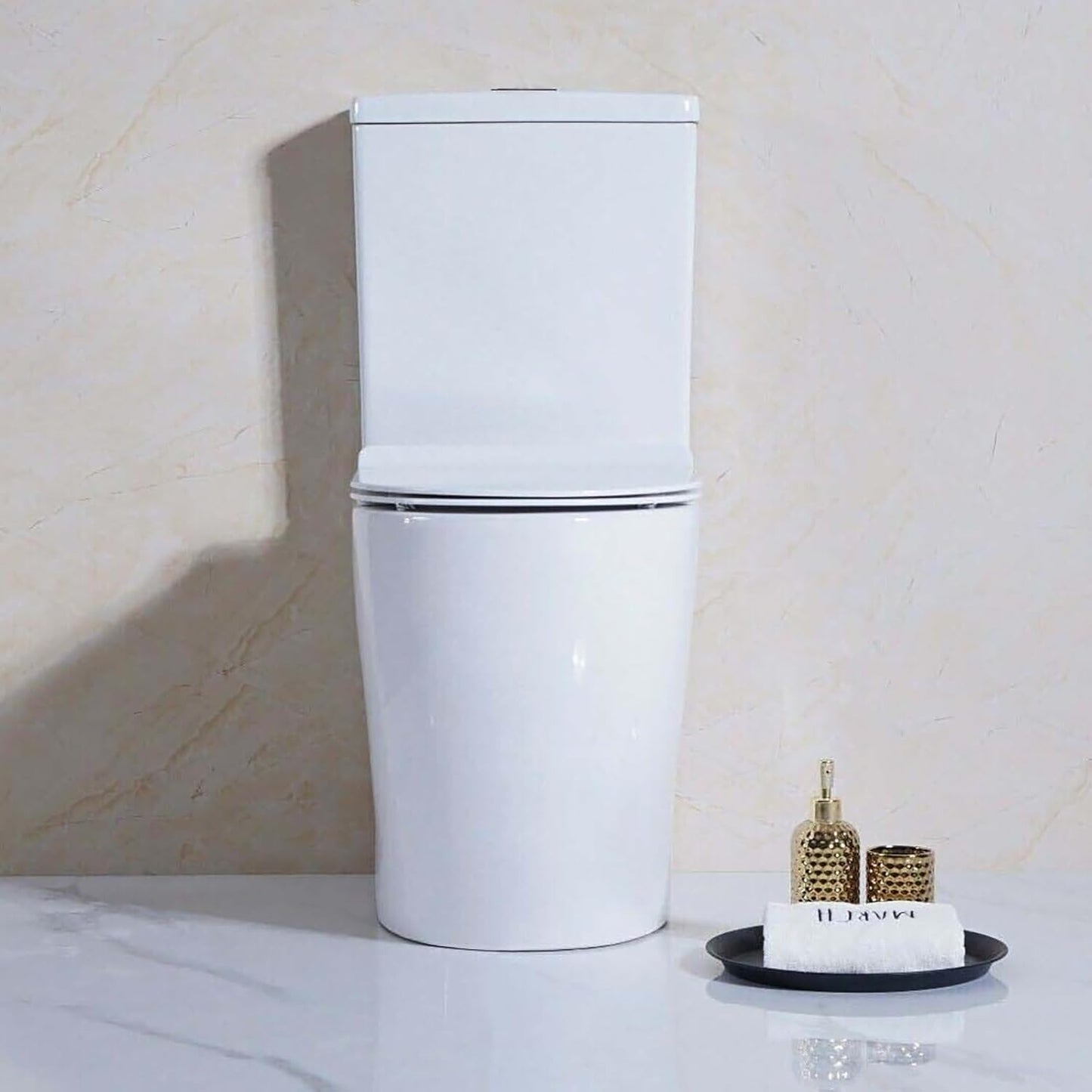 Rimless Comfort Height Close Coupled Toilet Back to Wall Bathroom Toilets White Ceramic WC Pan & Cistern Soft Close Seat Modern D Shape Projection Comfort Elongated Toilet