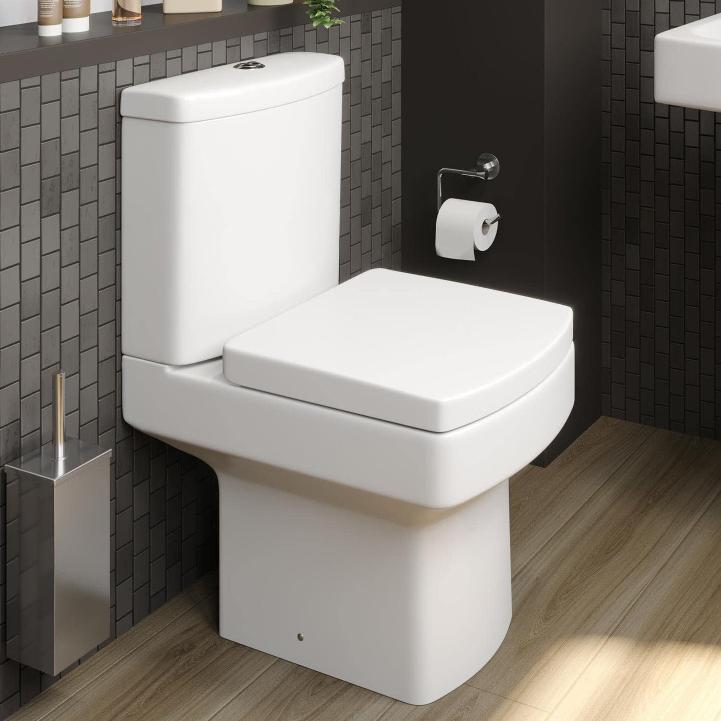 Modern Bathroom Cloakroom Close Coupled Toilet Short Projection WC Toilets Soft Close Seat Square Pan Dual Flush Cistern, White Gloss