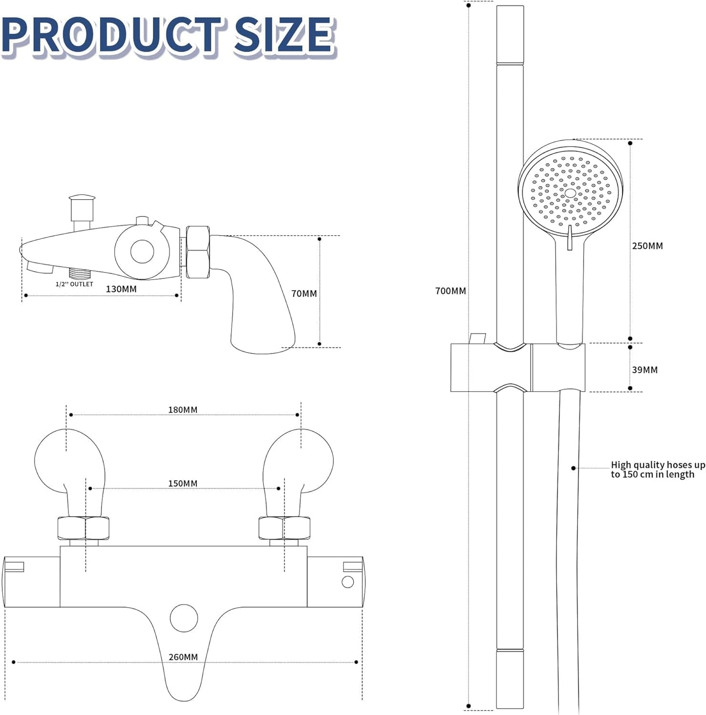 thermostatic Bath Shower Mixer Tap Set,Bathtub Shower Mixer Tap with with Shower Riser Kit,(1x Hand Shower,1x Shower Rail 70cm, 1x Shower Hose 1.5m,1x Deck Mounted Bath Shower Tap),Chrome