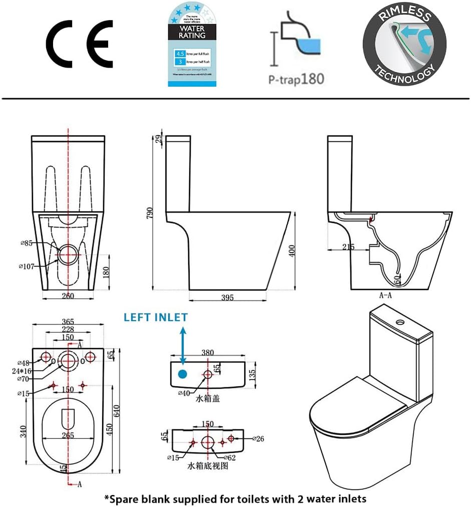 Rimless Close Coupled Toilet with Slim Soft Close Seat and Dual Flush Cistern