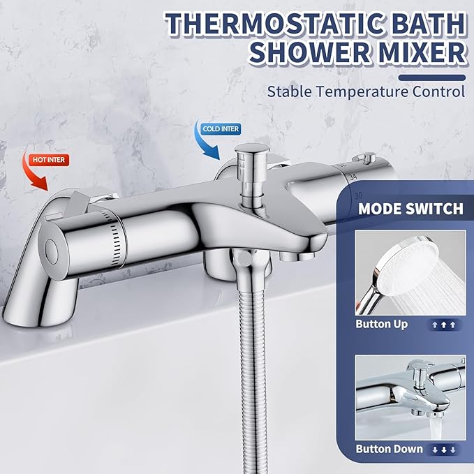 thermostatic Bath Shower Mixer Tap Set,Bathtub Shower Mixer Tap with with Shower Riser Kit,(1x Hand Shower,1x Shower Rail 70cm, 1x Shower Hose 1.5m,1x Deck Mounted Bath Shower Tap),Chrome