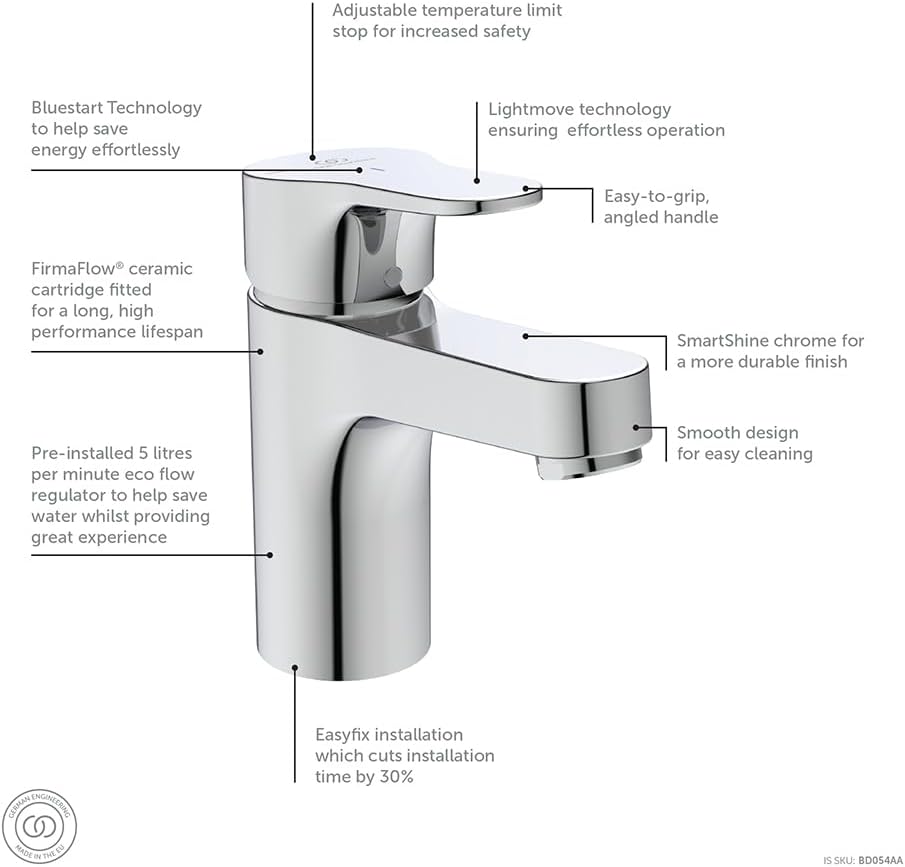 Cerabase Single Lever Basin Mixer tap with Click Waste and bluestart Technology