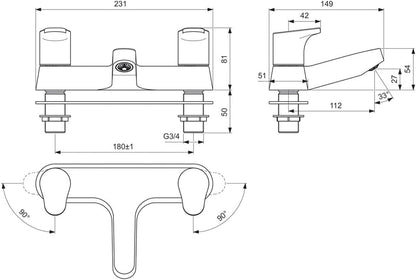 Cerabase Dual Control Bath Filler tap,Chrome