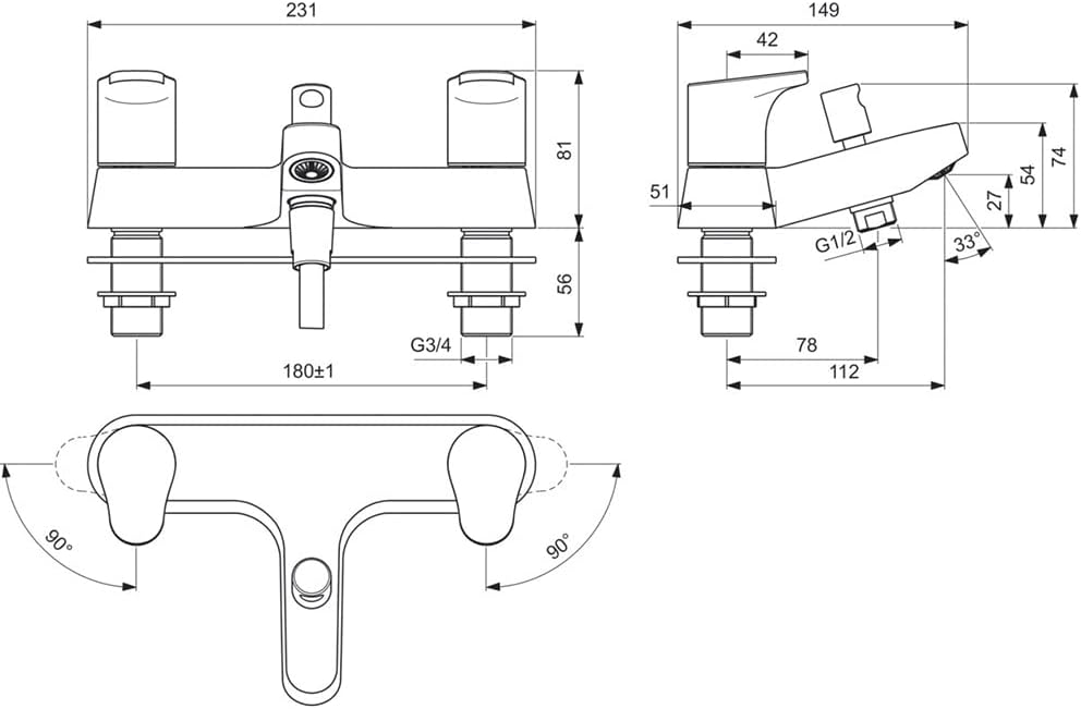 Cerabase Dual Control Bath Shower Mixer tap, BD058AA, Chrome