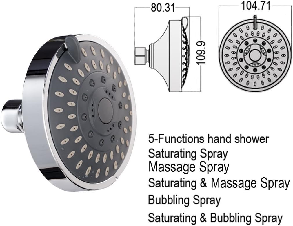 Shower Head, High-Pressure Rain Fixed Showerhead Rainfall 5-Setting with Adjustable Metal Swivel Ball Joint, Bathroom Showerhead 4 Inch High Flow Shower Head for Your Bathroom Shower Heads