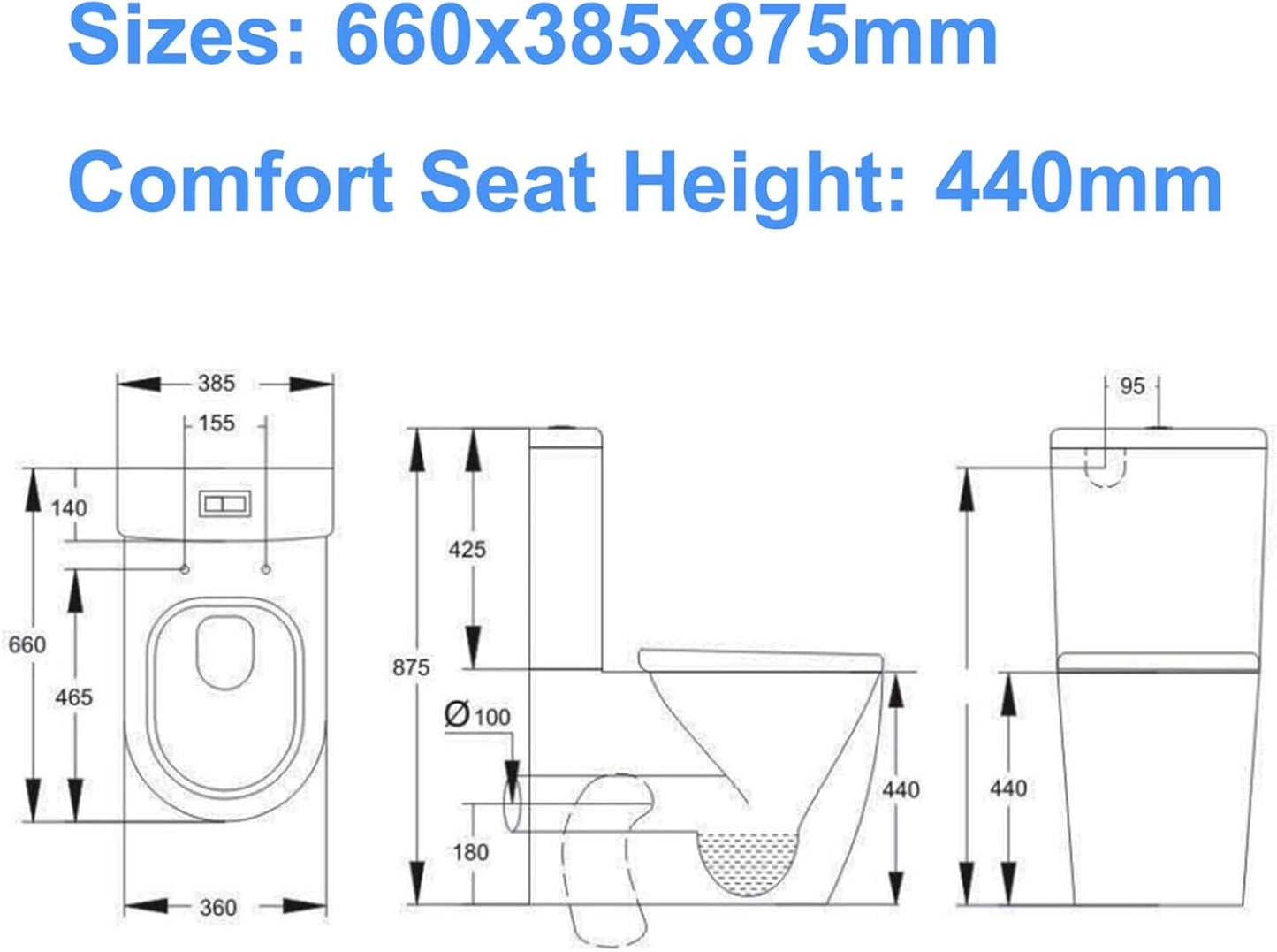 Rimless Comfort Height Close Coupled Toilet Back to Wall Bathroom Toilets White Ceramic WC Pan & Cistern Soft Close Seat Modern D Shape Projection Comfort Elongated Toilet