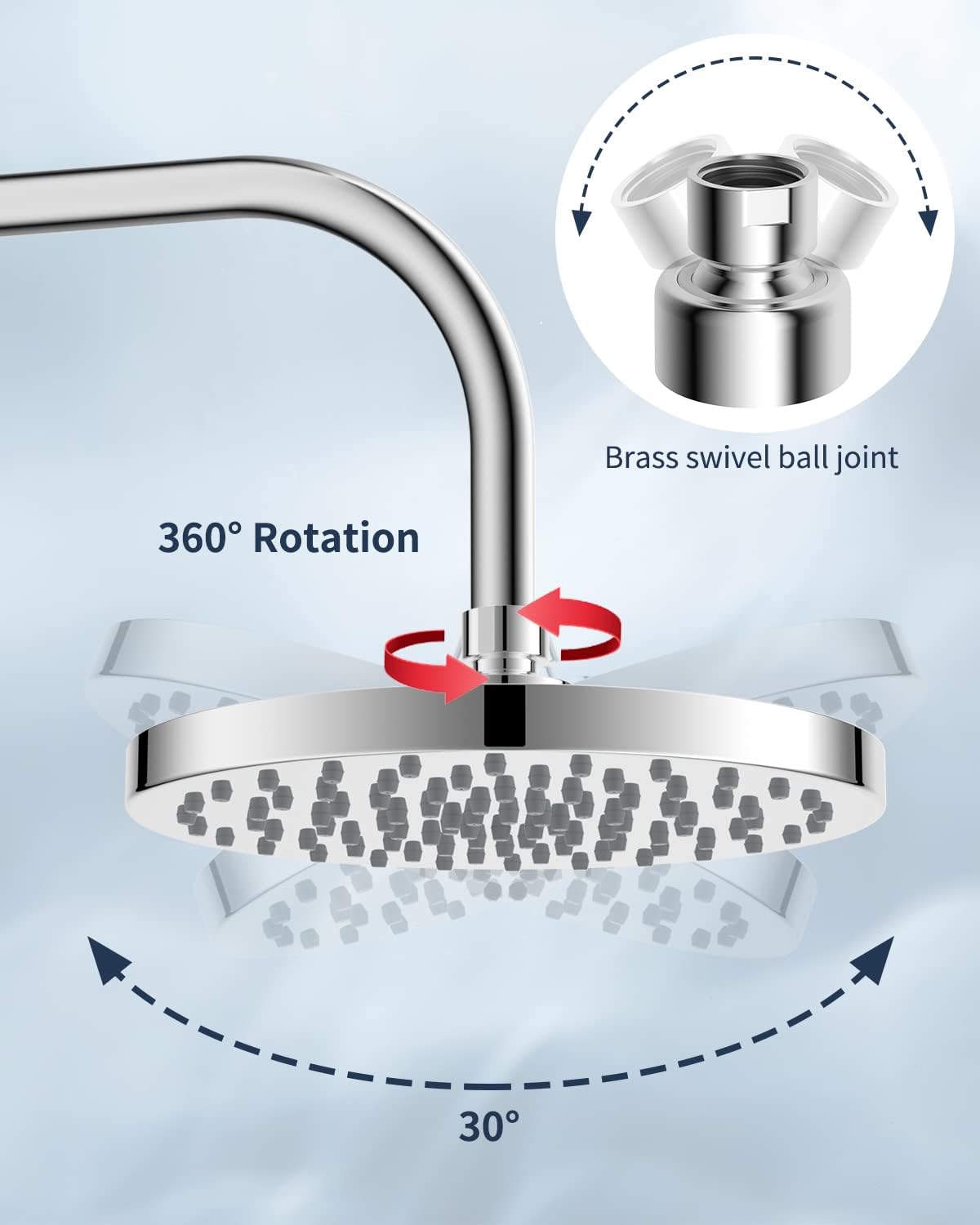 Fixed Shower Head 8 Inch Rainfall Showerhead,High Pressure,Swivel Spray Angle, Voluptuous Shower Experience, Easy Installation, Replacement Shower Heads, Stainless Steel Cover,Chrome