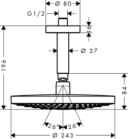 Raindance Select S 240 overhead shower with ceiling connector and 2 spray modes, chrome