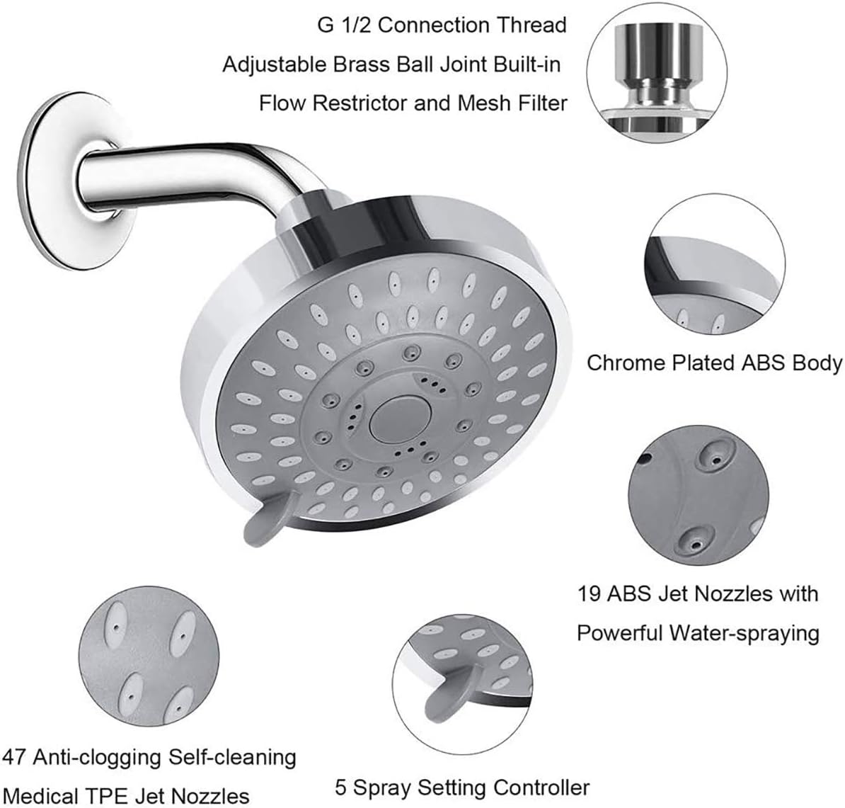 Shower Head, High-Pressure Rain Fixed Showerhead Rainfall 5-Setting with Adjustable Metal Swivel Ball Joint, Bathroom Showerhead 4 Inch High Flow Shower Head for Your Bathroom Shower Heads
