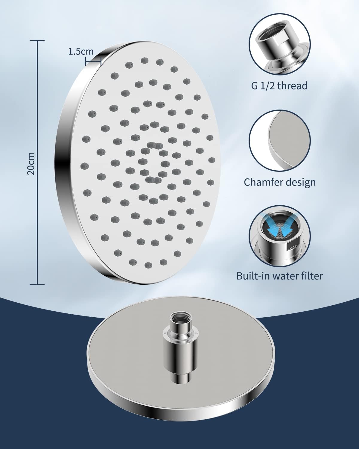 Fixed Shower Head 8 Inch Rainfall Showerhead,High Pressure,Swivel Spray Angle, Voluptuous Shower Experience, Easy Installation, Replacement Shower Heads, Stainless Steel Cover,Chrome