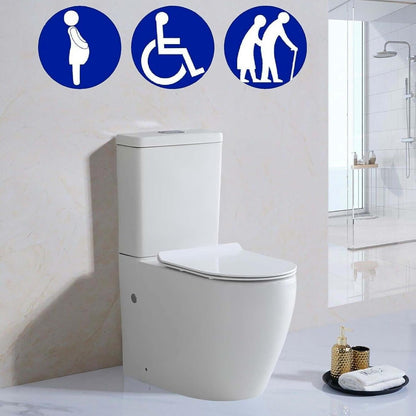 Rimless Comfort Height Close Coupled Toilet Back to Wall Bathroom Toilets White Ceramic WC Pan & Cistern Soft Close Seat Modern D Shape Projection Comfort Elongated Toilet