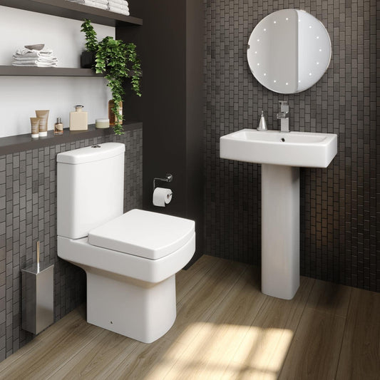 Modern Bathroom Cloakroom Close Coupled Toilet Short Projection WC Toilets Soft Close Seat Square Pan Dual Flush Cistern, White Gloss