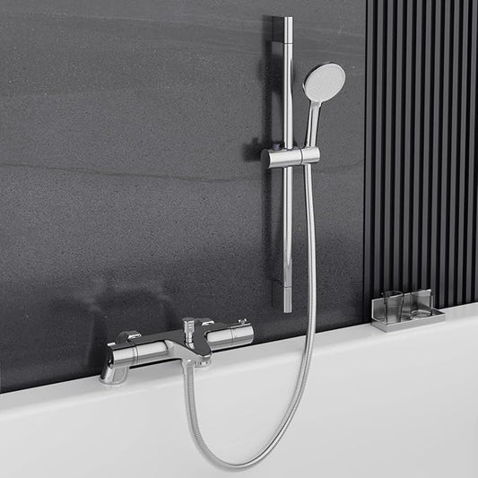 thermostatic Bath Shower Mixer Tap Set,Bathtub Shower Mixer Tap with with Shower Riser Kit,(1x Hand Shower,1x Shower Rail 70cm, 1x Shower Hose 1.5m,1x Deck Mounted Bath Shower Tap),Chrome