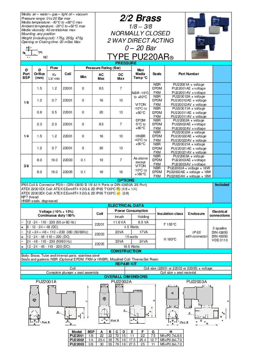 1/8 Brass solenoid valve 0-8.5 Bar 2/2 way Normally Closed Thread Type 1/8 BSP (G)