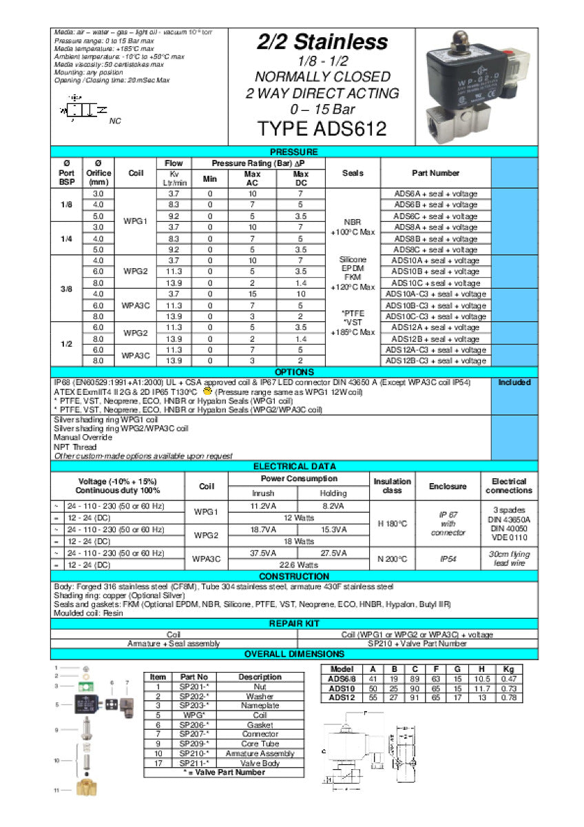1/4 Stainless steel solenoid valve 0-10 Bar 2/2 N/Closed thread type  BSP (G)
