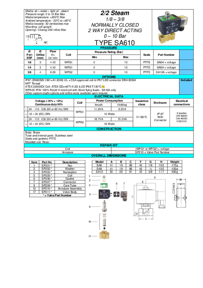 1/8, 1/4, 3/8 Steam Solenoid Valve 0-10 Bar 2/2 N/Closed BSP (G) thread type